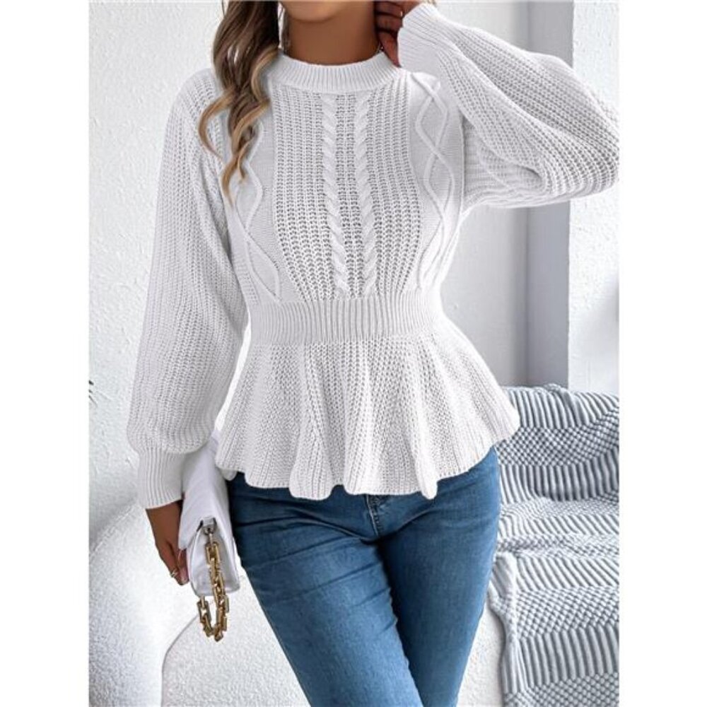 Cable Knit Round Neck Peplum Sweater